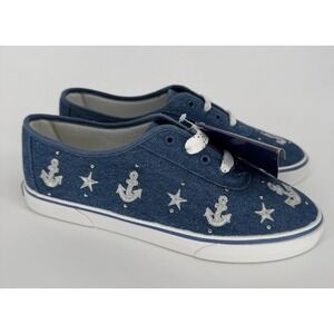 90s Women's Sneakers 8.5M Denim Embroidered Nautical Anchors And‎ Stars NEW